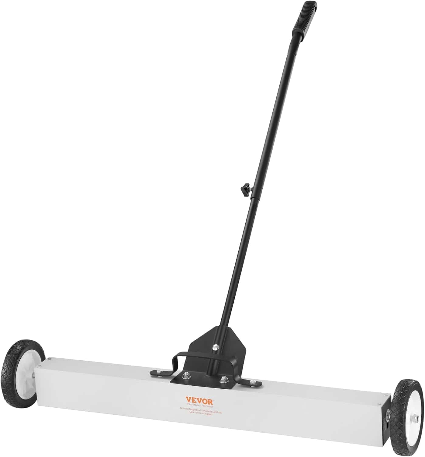 A wheeled magnetic sweeper with a long handle and a rectangular bar for picking up metal debris.