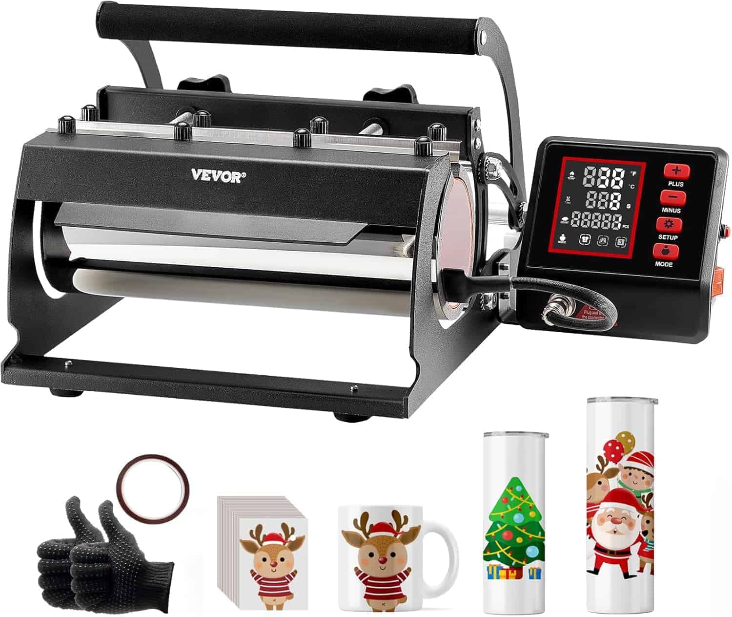 A VEVOR mug press machine with digital controls, a protective glove, heat tape, and three decorated mugs in front.