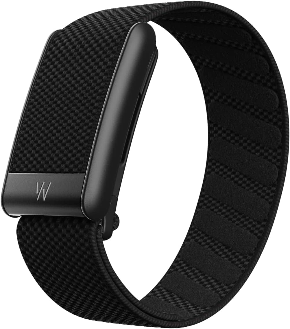 Black textured smart wristband with a rectangular sensor and an adjustable strap, shown on a white background.