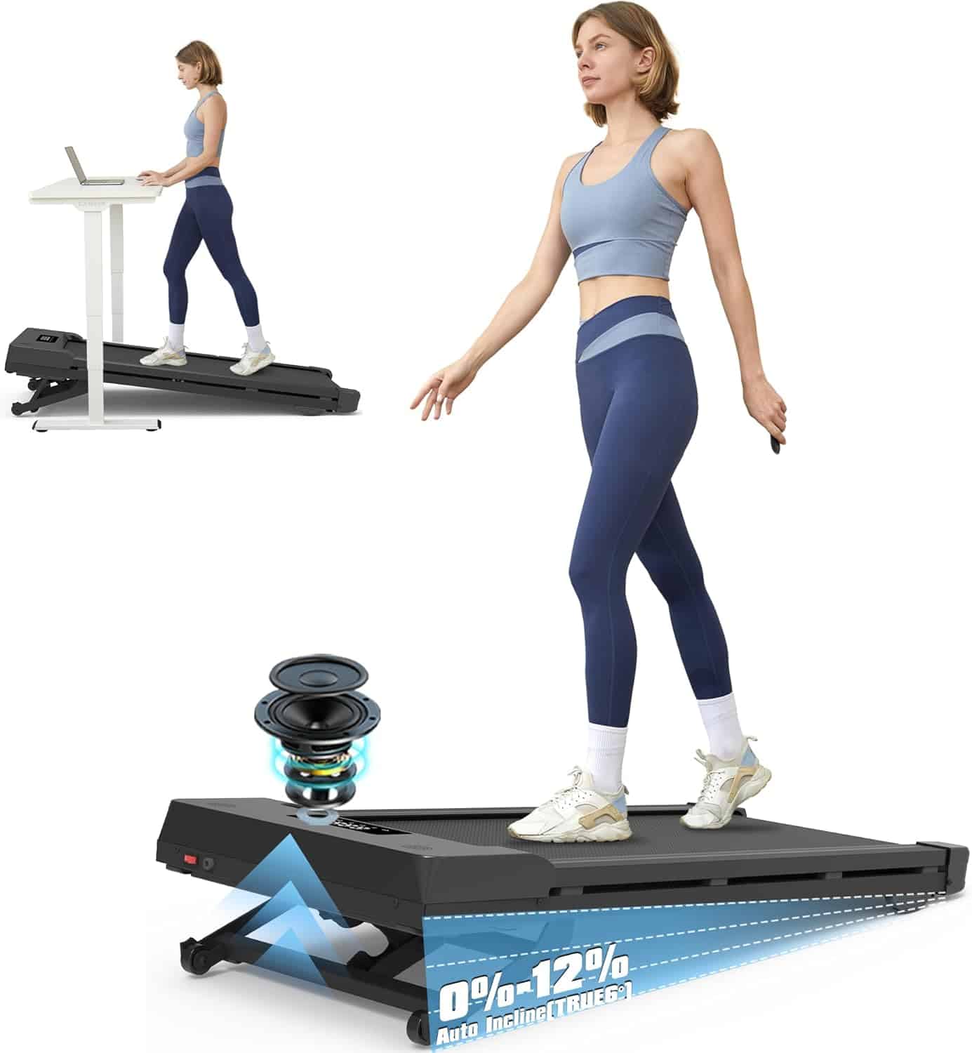 Woman using a treadmill with auto incline; shown both standing at a desk and walking. Graphic indicates 0%-12% incline and built-in speakers.