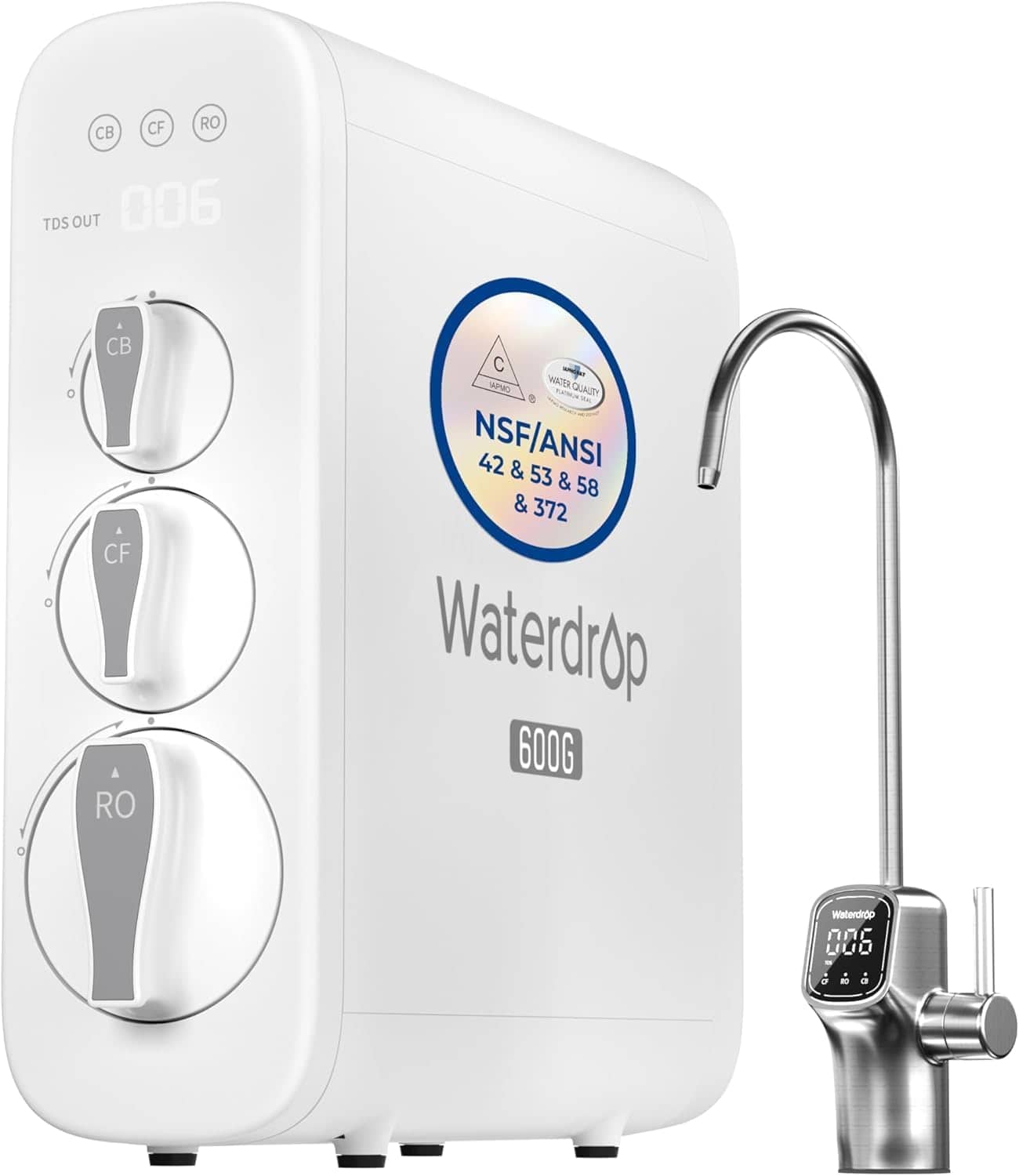 White Waterdrop 600G water filtration system with three labeled dials, NSF/ANSI certification sticker, and a modern faucet with digital display.