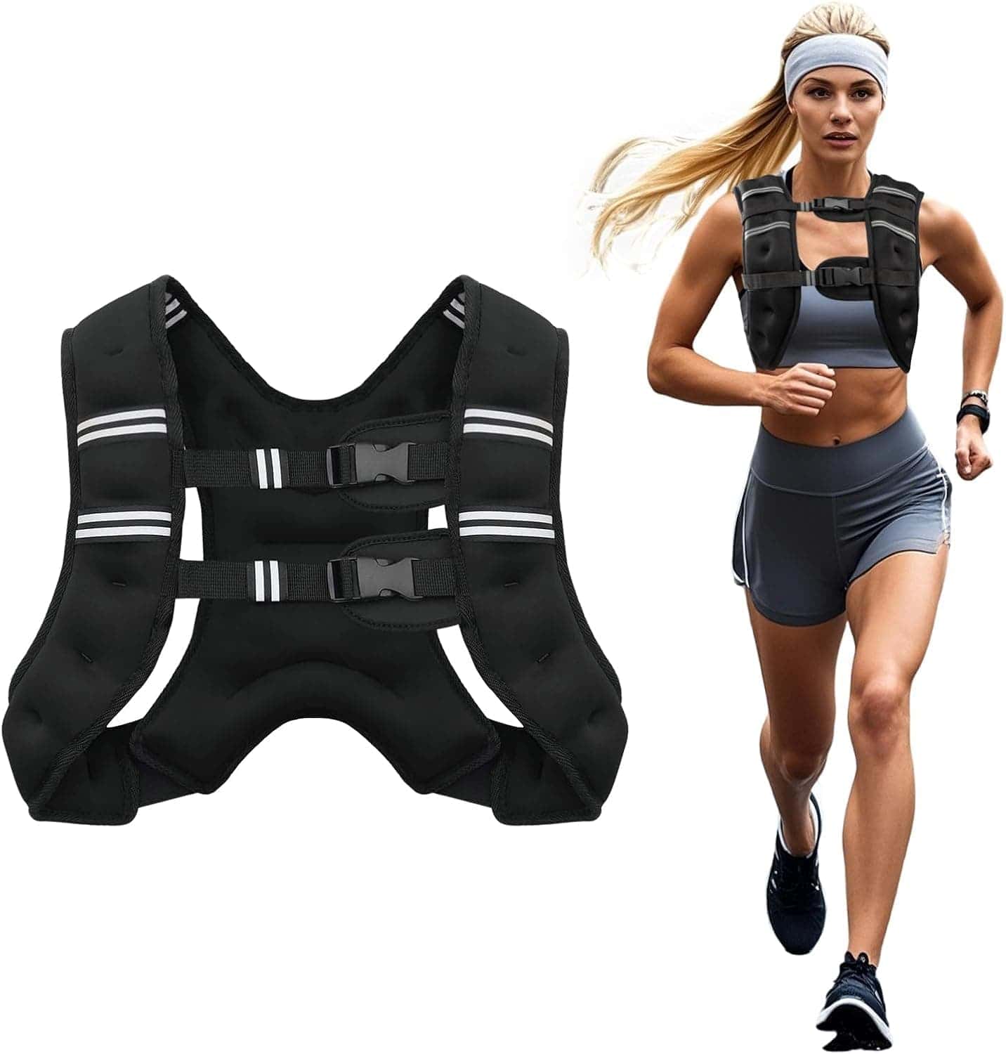 A black weighted vest displayed next to a woman running outdoors while wearing the same type of weighted vest, athletic shorts, a sports bra, and a headband.