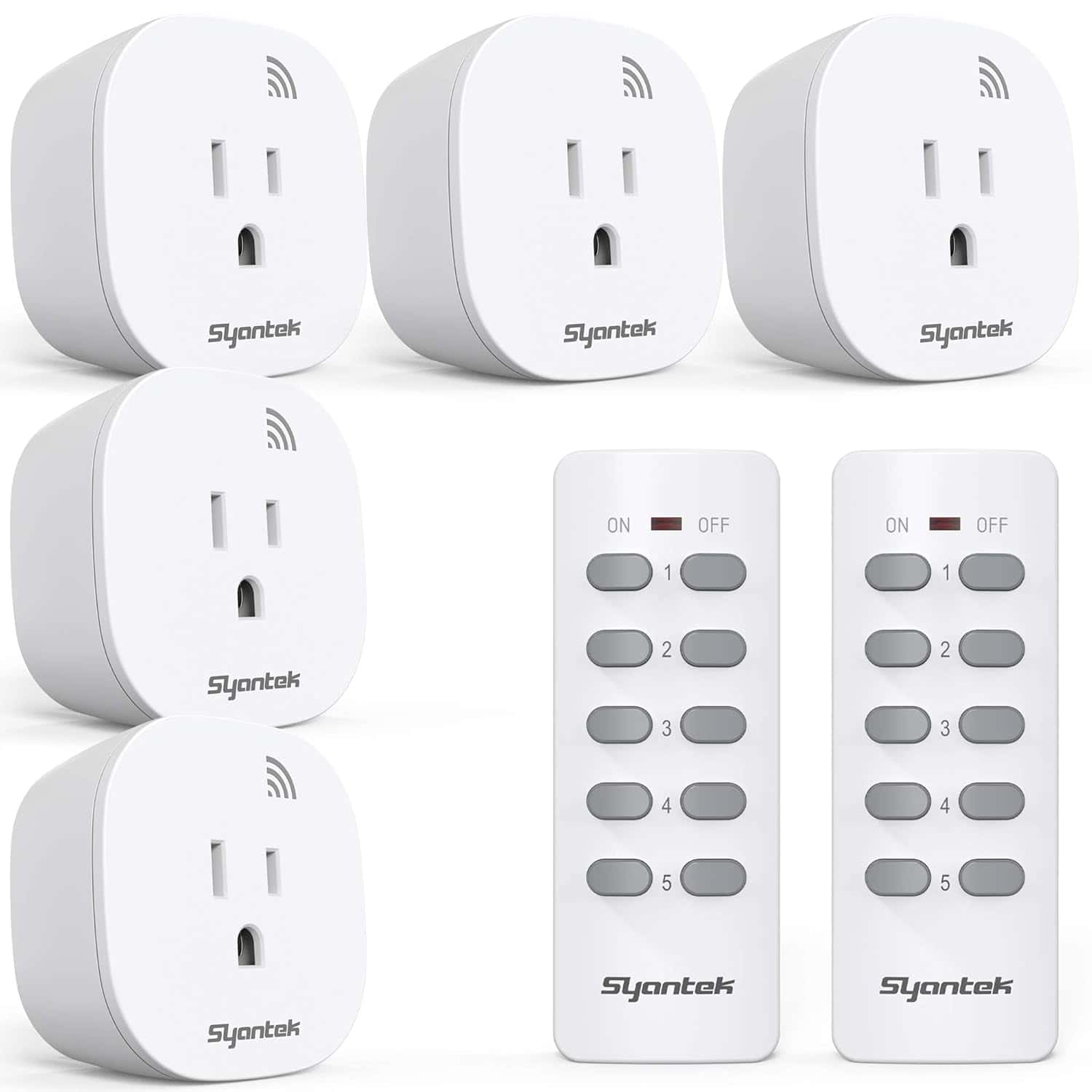 Five white Syantek smart plugs and two remote controls with labeled buttons for turning devices on and off.