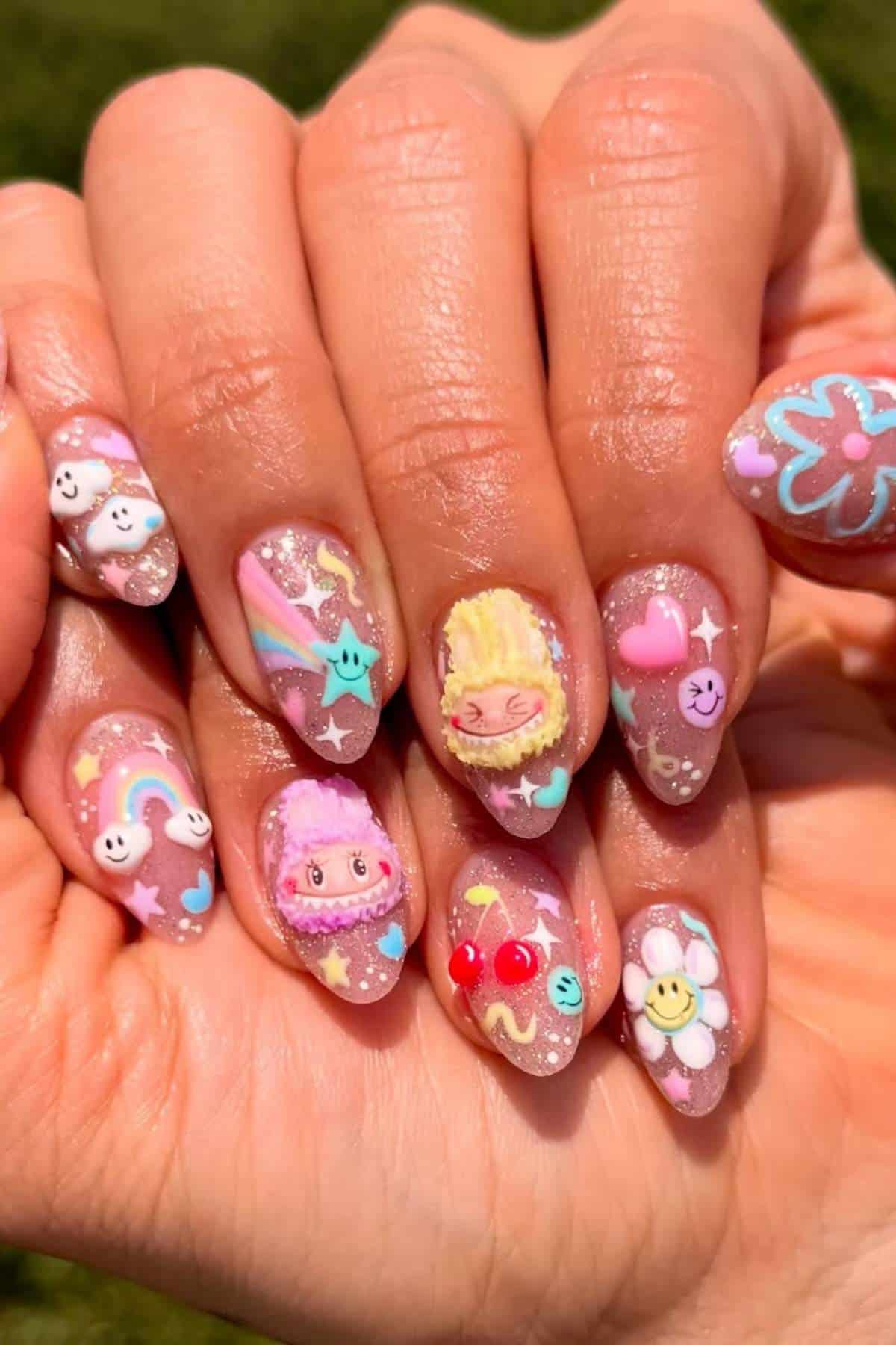 A hand with long nails painted in pastel pink and decorated with colorful cartoon designs, including rainbows, smiley faces, hearts, and stars.
