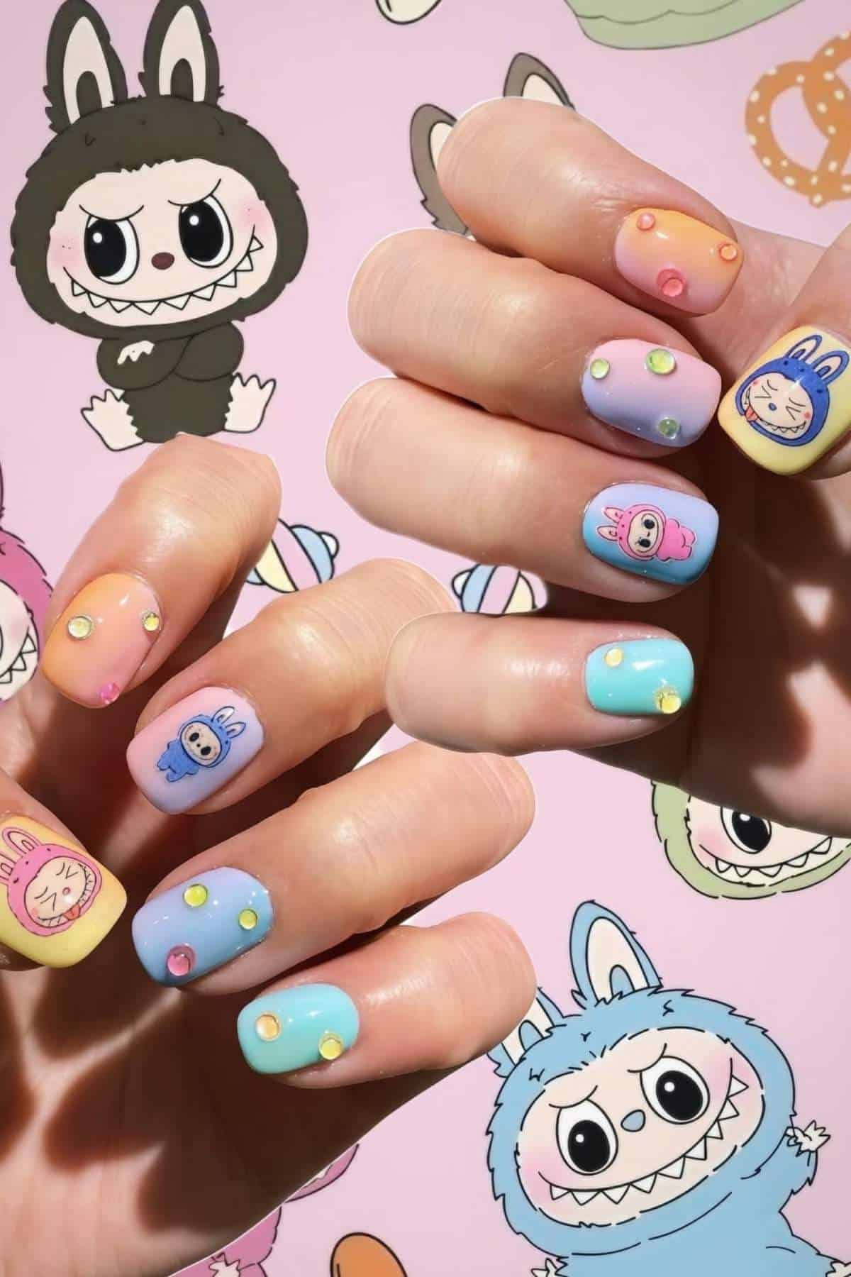 Hands with pastel, cartoon-themed nail art featuring animal faces and polka dots, against a background with matching cartoon characters.