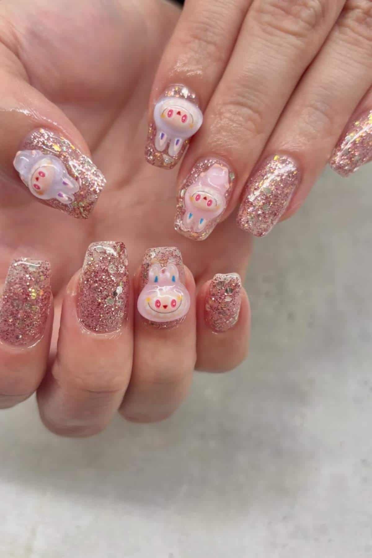 Hands with long glittery pink nails, some featuring 3D cartoon animal designs in white and pink on the ring and middle fingernails.