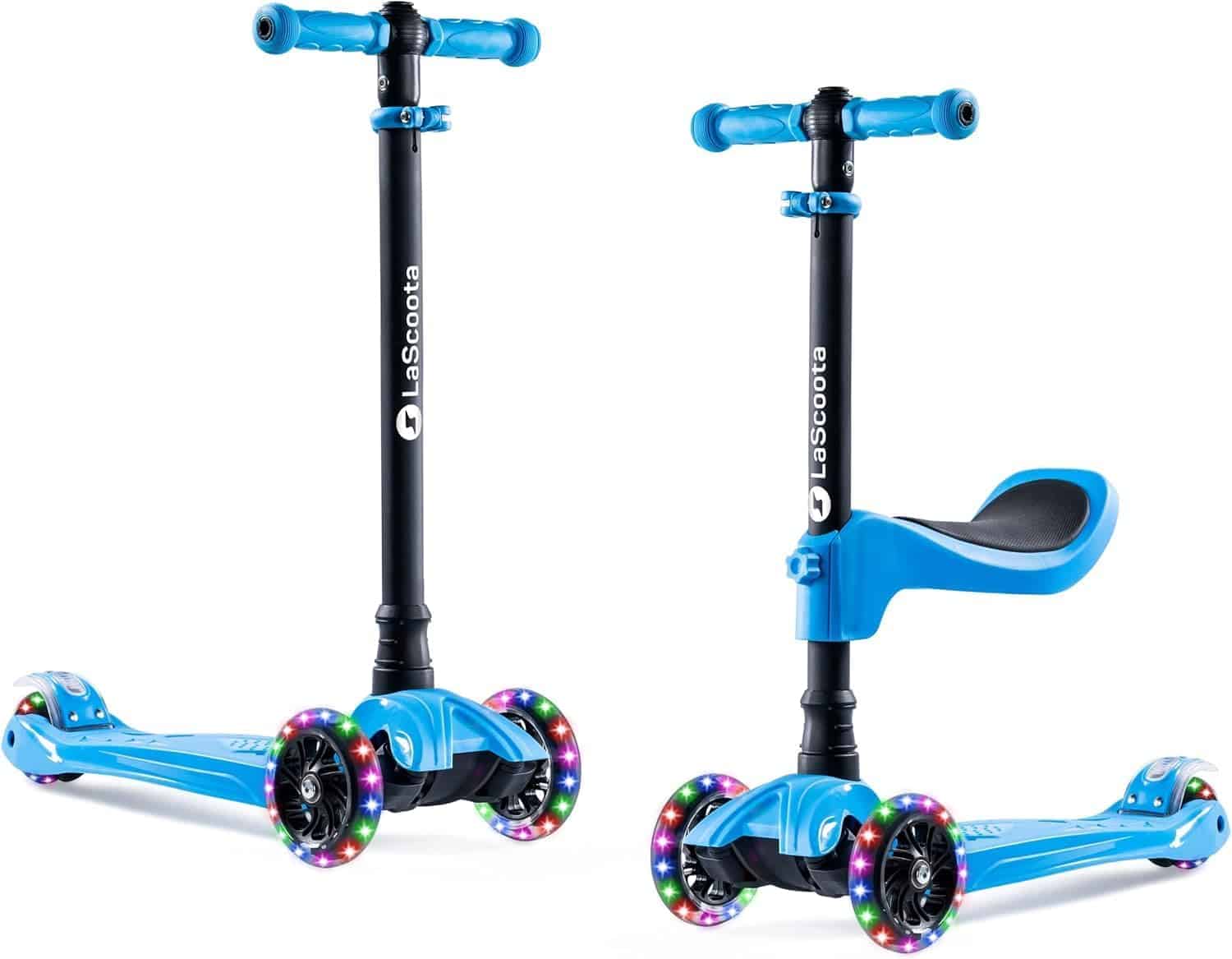 Two blue children's scooters with three wheels, LED lights on the wheels, adjustable handlebars, and one scooter shown with an attached seat.