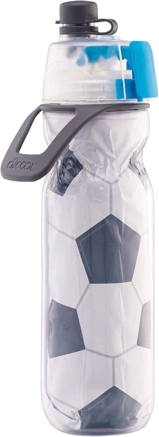 Clear water bottle with a soccer ball pattern inside, a gray handle attached to the lid, and a blue lock on the cap.