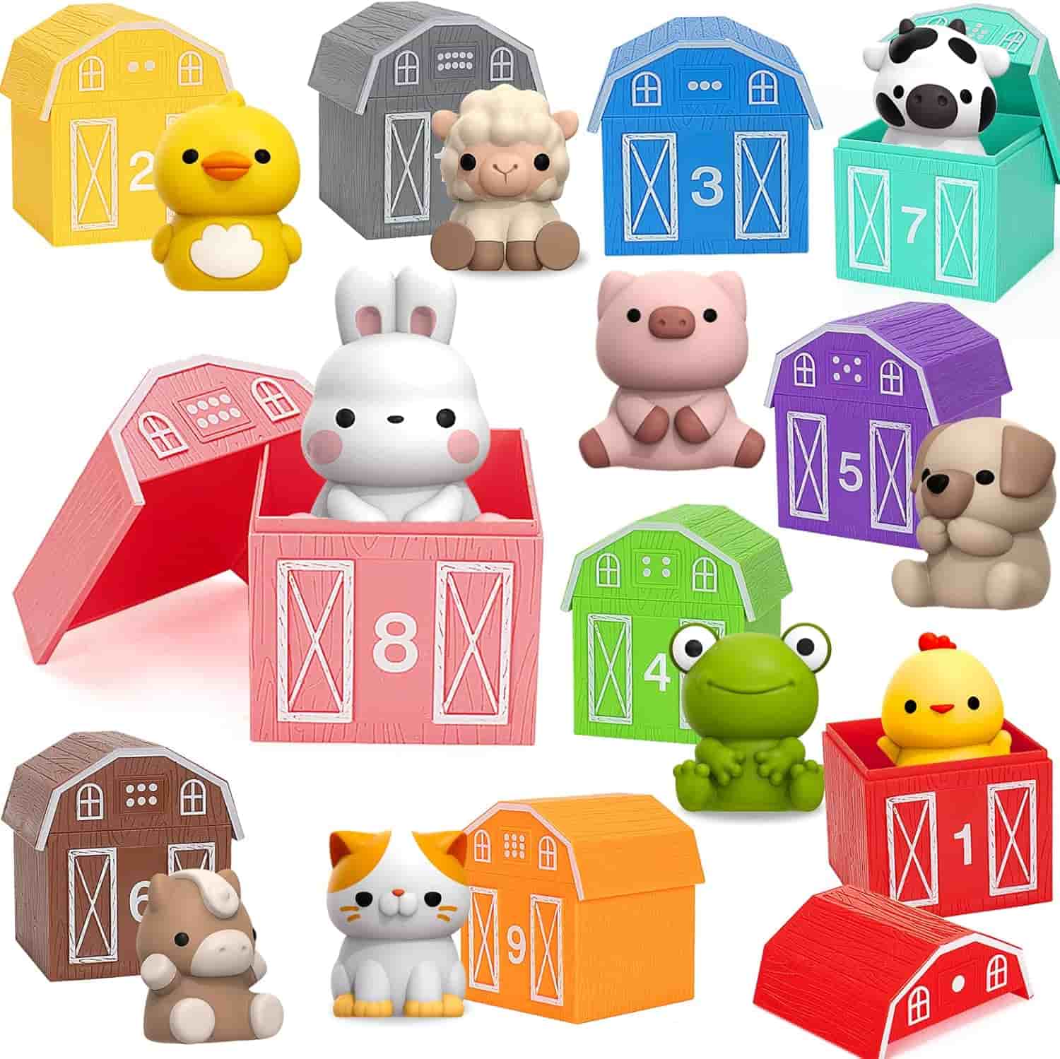 Twelve animal figurines sit with colorful numbered barn boxes, each box matching a corresponding animal and number from 1 to 12.