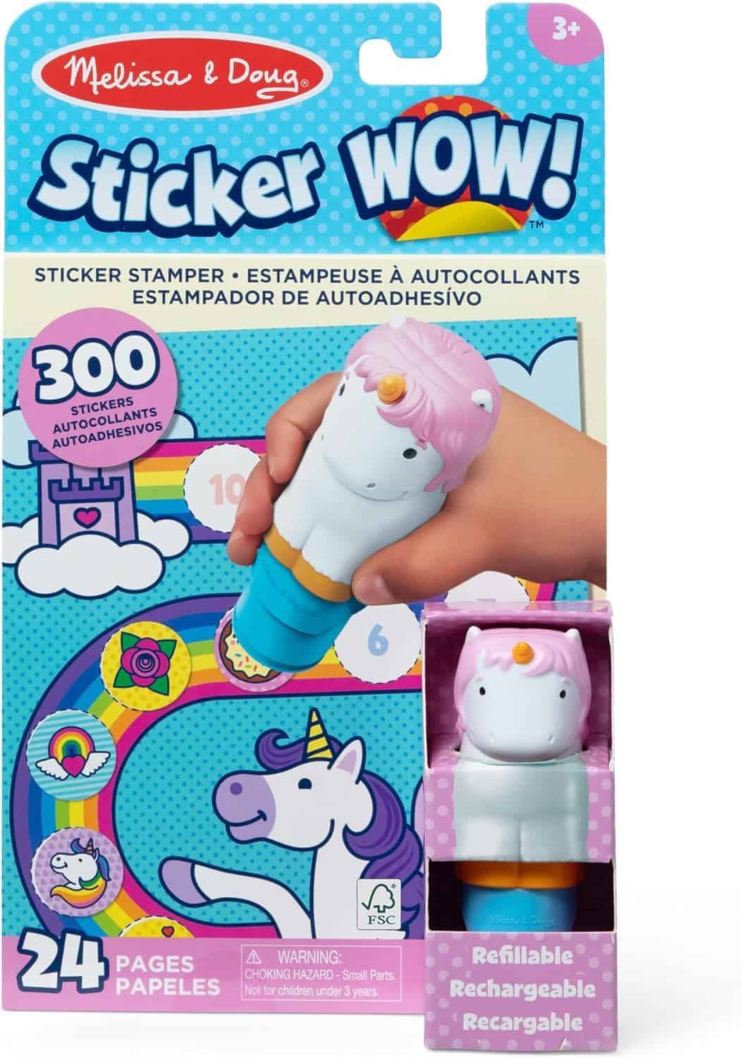 Melissa & Doug Sticker WOW! unicorn stamper set for ages 3+, includes 300 stickers and 24 pages, shown in original packaging.