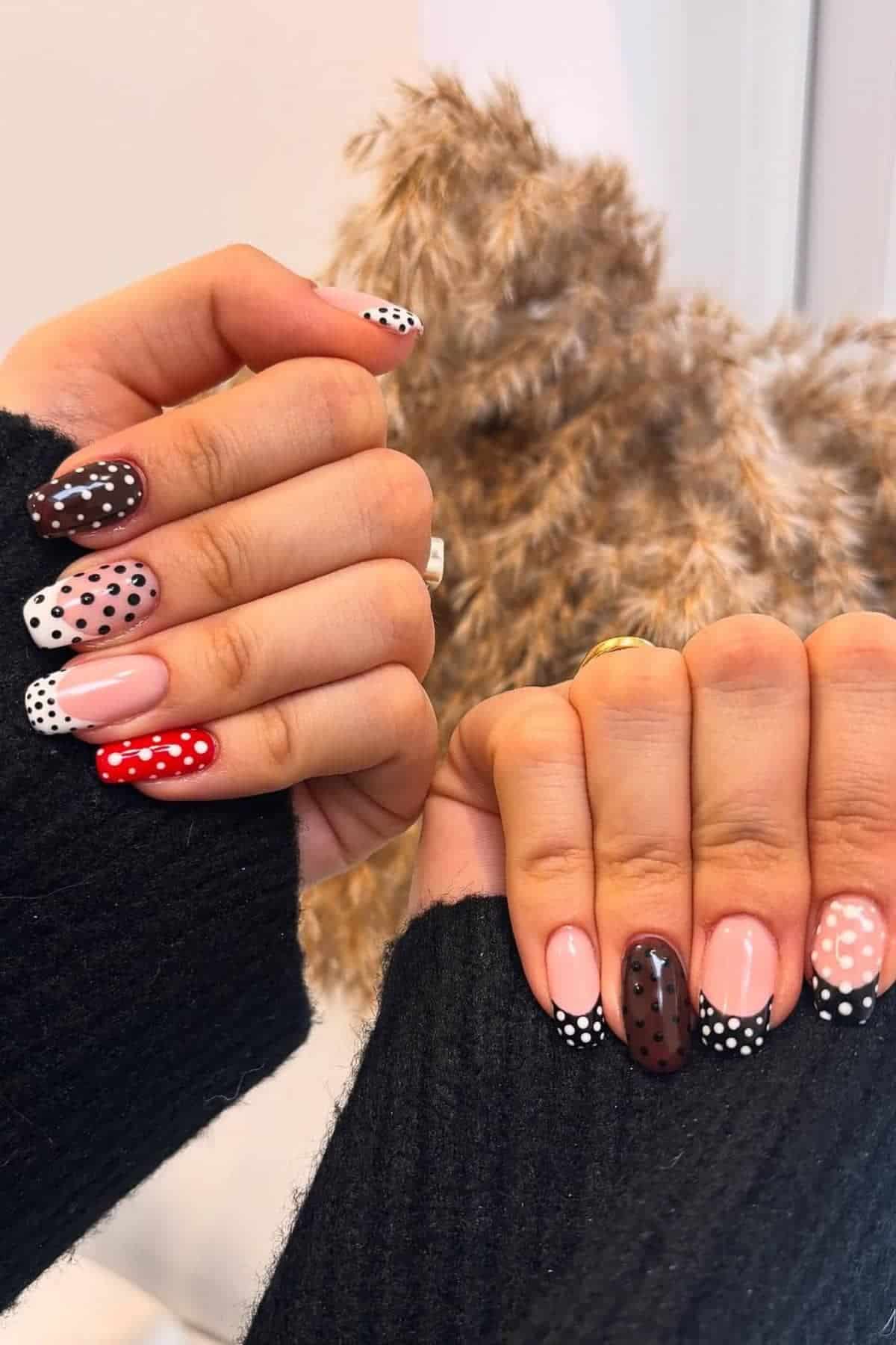 Two hands with manicured nails featuring red, brown, and nude polish, each with black and white polka dot designs, against a furry background.