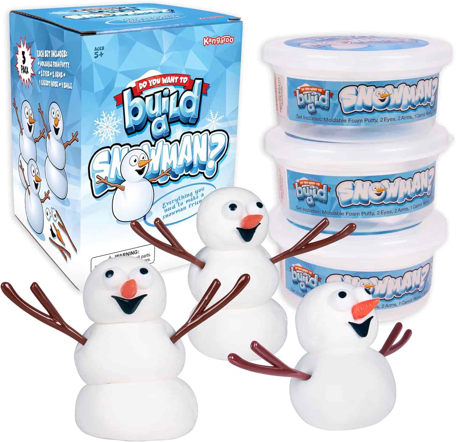 Boxed snowman building kit with three assembled snowmen, plastic arms, carrot noses, and tubs of foam putty, for ages 5 and up.