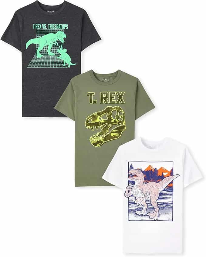Three boys’ T-shirts featuring dinosaur designs: one with T. Rex vs. Triceratops, one with a T. Rex skull and text, and one with a T. Rex illustration in a mountain scene.