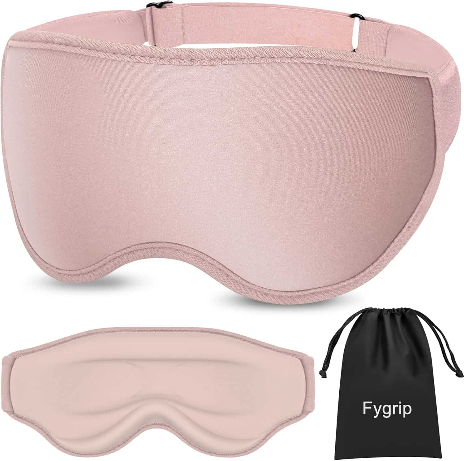Light pink sleep mask with an adjustable strap, shown from front and back, accompanied by a black drawstring pouch labeled "Fygrip.