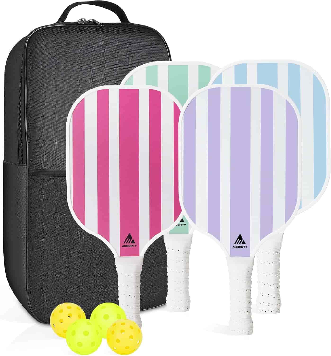 A pickleball set with a black carrying case, four striped paddles in different colors, and three yellow pickleballs.