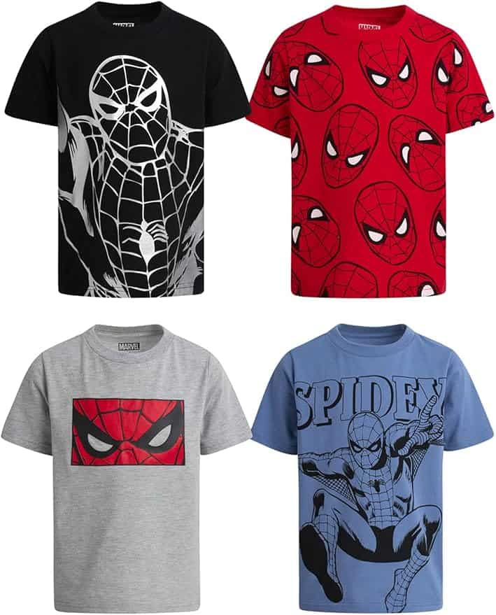 Four boys' Marvel Spider-Man t-shirts in black, red, gray, and blue, each featuring different Spider-Man graphics and designs.