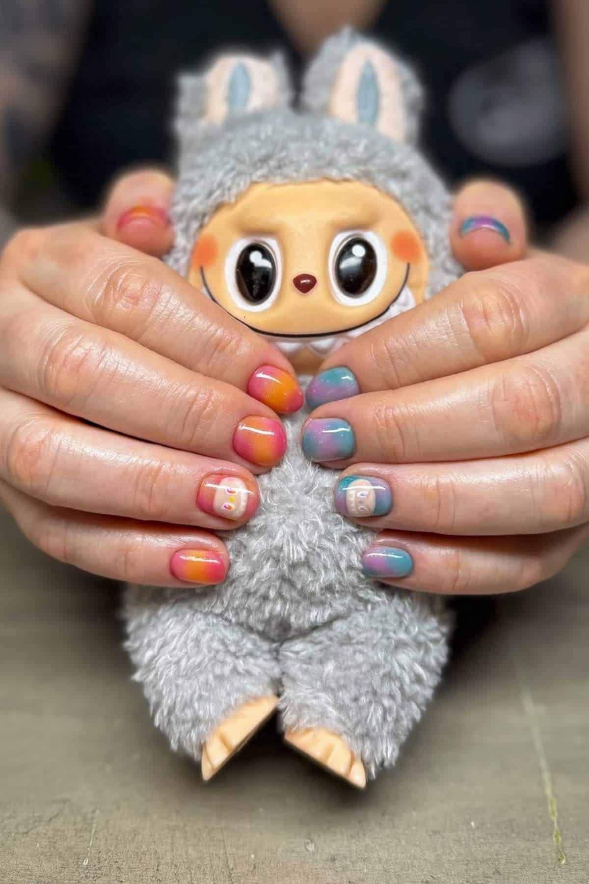 Hands with colorful gradient nail art holding a plush toy with a large-eyed face and gray costume featuring bunny ears.