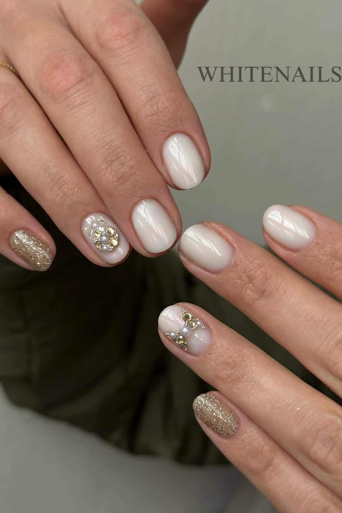Close-up of hands with manicured nails featuring white polish, gold glitter accents, and decorative rhinestones on two nails.