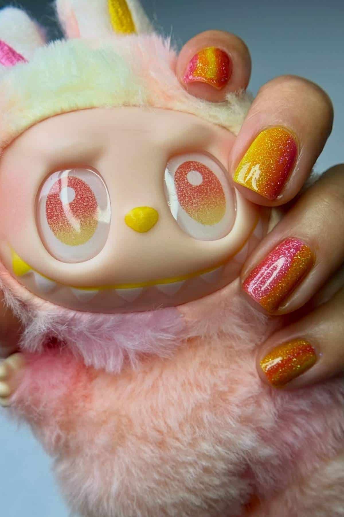A hand with glittery orange-yellow gradient nails holds a pastel pink plush toy with large glossy eyes and a wide grin.