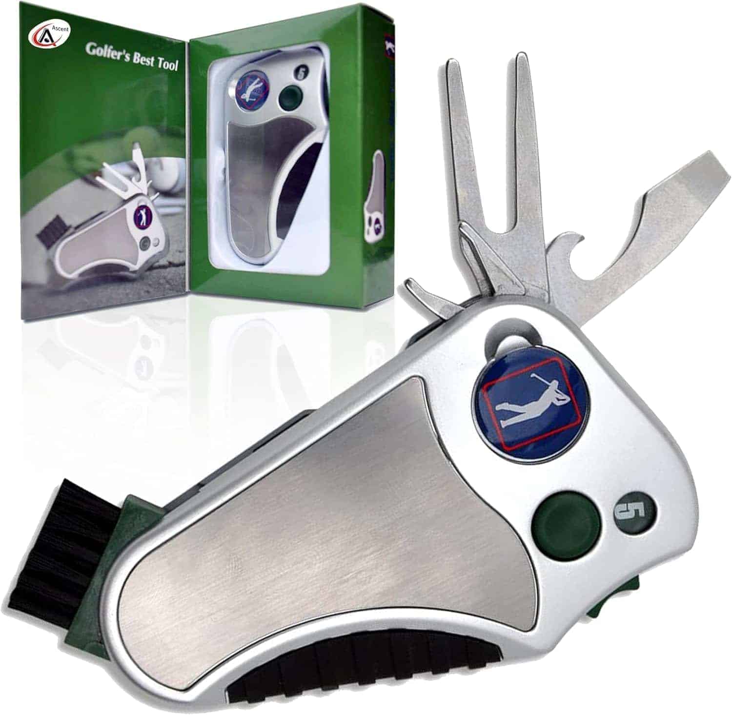 A multi-tool golf accessory with various fold-out tools and a brush, shown in front of its green packaging labeled "Golfer's Best Tool.