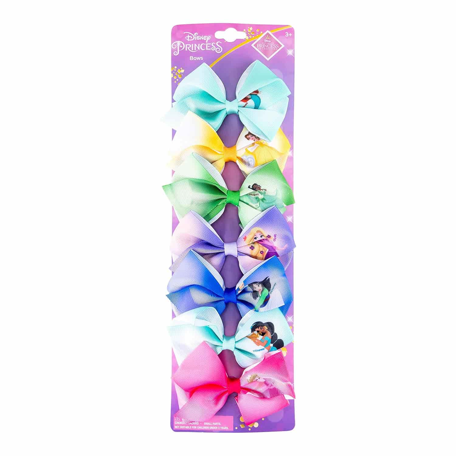 A package of eight colorful Disney Princess hair bows on a purple card, each bow featuring a different princess character image.