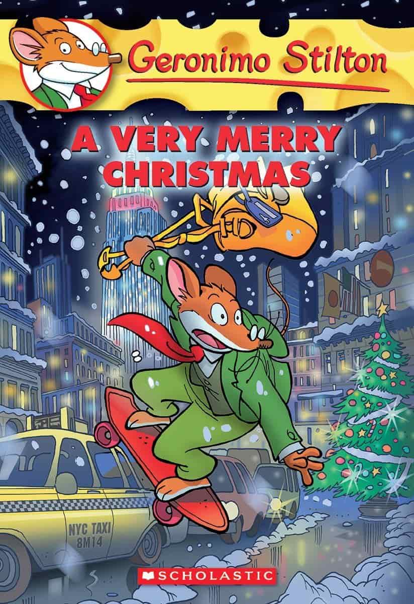 Illustrated mouse in a green suit skateboards through a snowy city street carrying gifts, with Christmas decorations, tree, and a yellow taxi in the background. Text reads “A Very Merry Christmas.”.