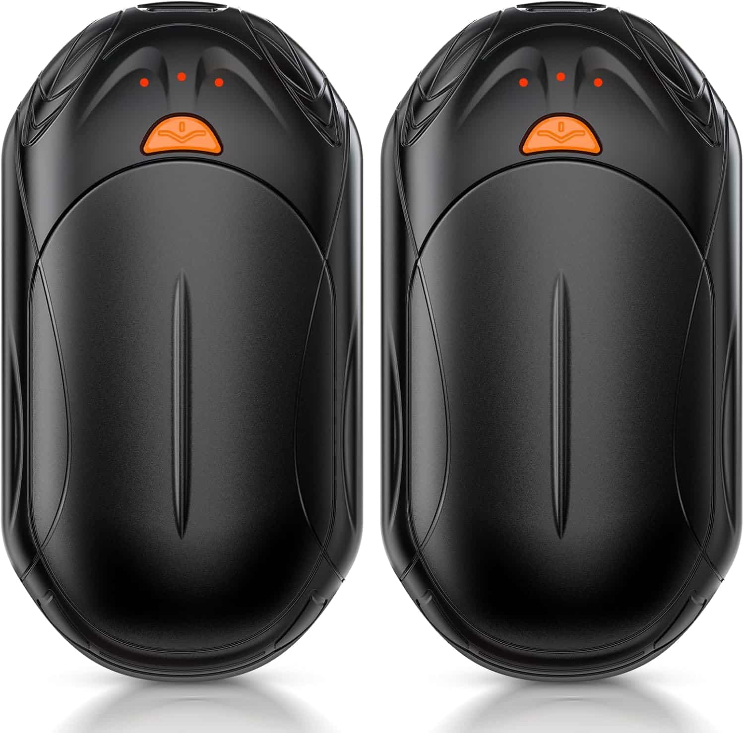 Two identical black electronic pest repellers with orange indicator lights on top are shown side by side against a white background.