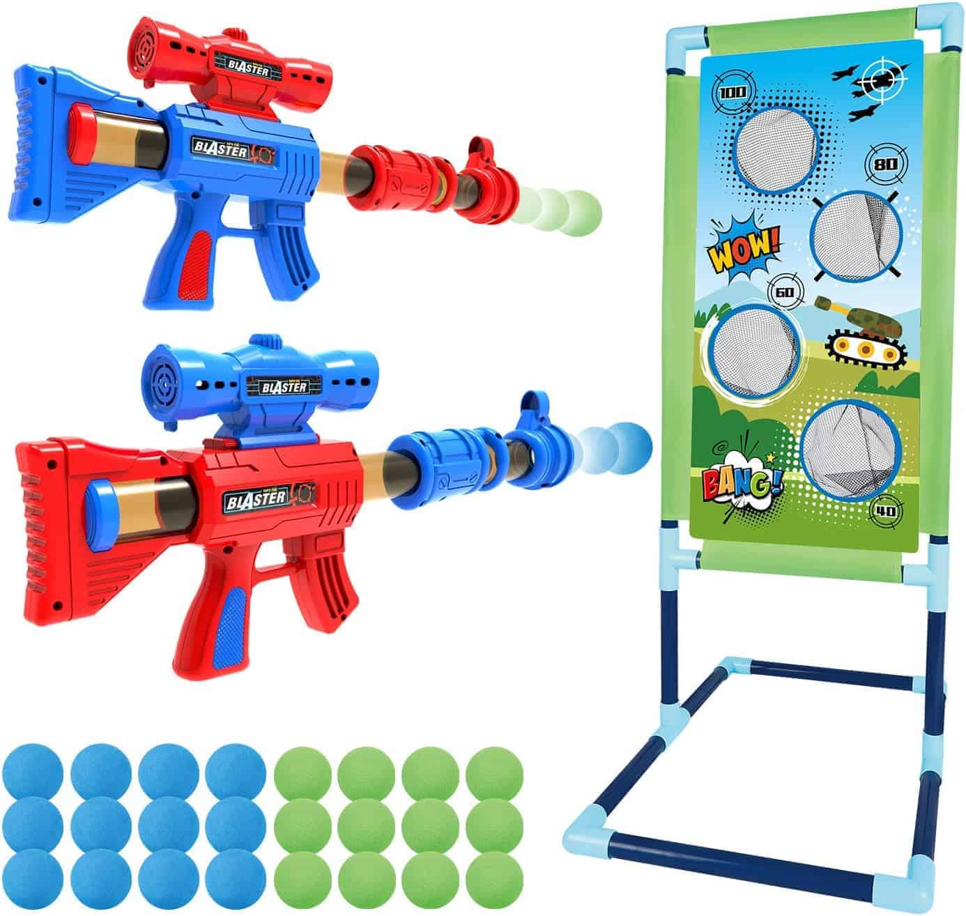 Two toy blasters with foam balls and a standing target board featuring point values, cartoon graphics, and mesh pockets for catching balls.