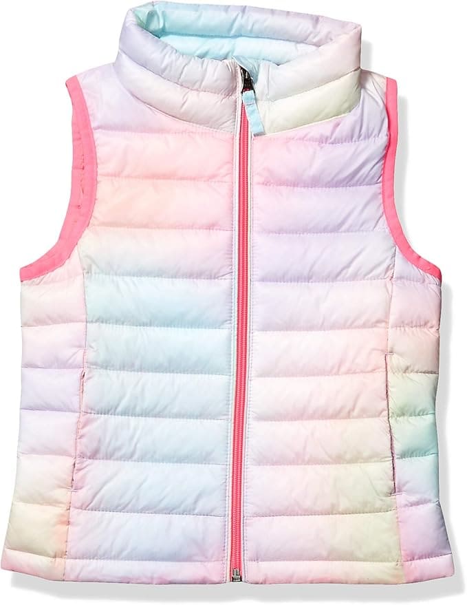 Sleeveless puffer vest with horizontal quilting, pastel ombre colors, pink trim, and a front zipper closure.