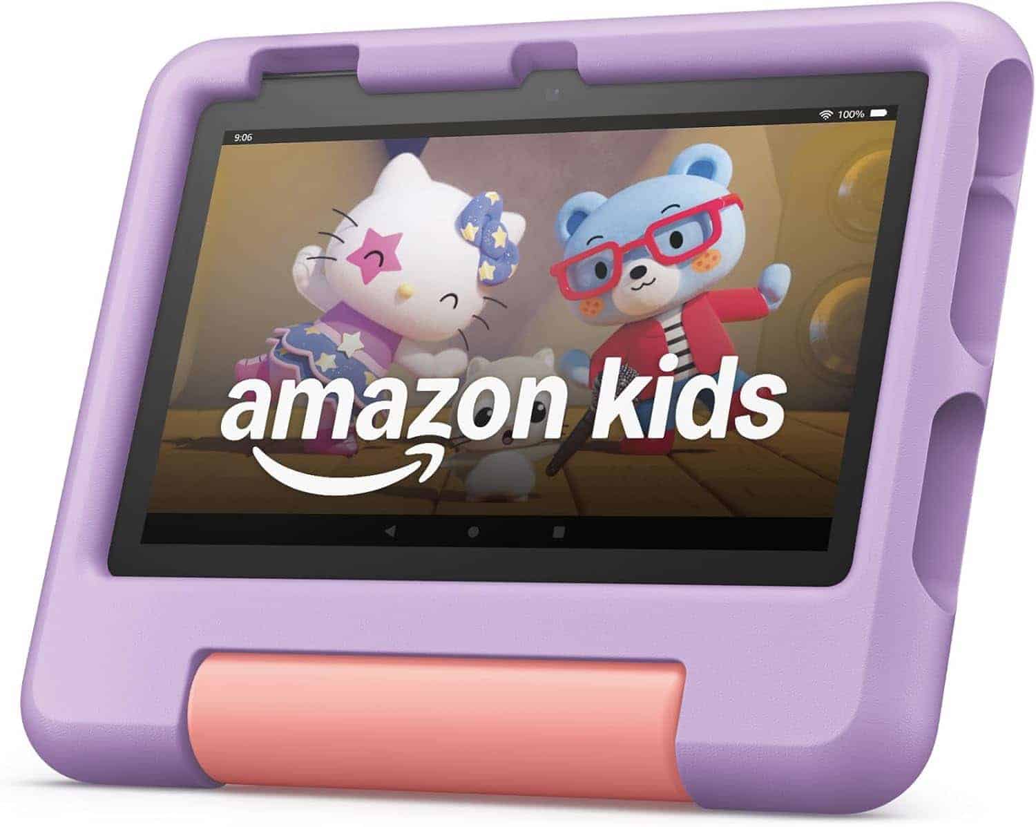 A tablet in a purple and pink protective case displays the Amazon Kids app with animated characters on the screen.