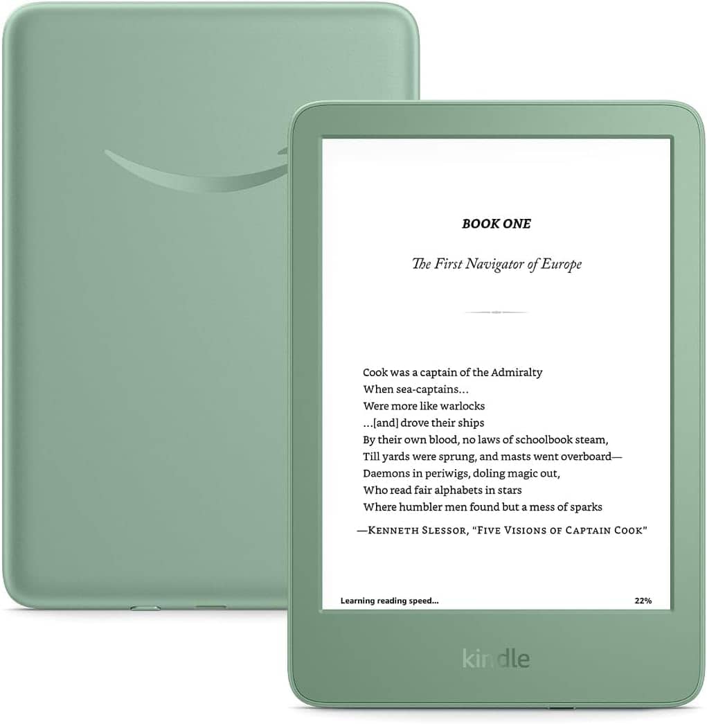 A green Kindle e-reader displaying a page of text from “Five Visions of Captain Cook” by Kenneth Slessor, with the Kindle logo visible on the back cover.