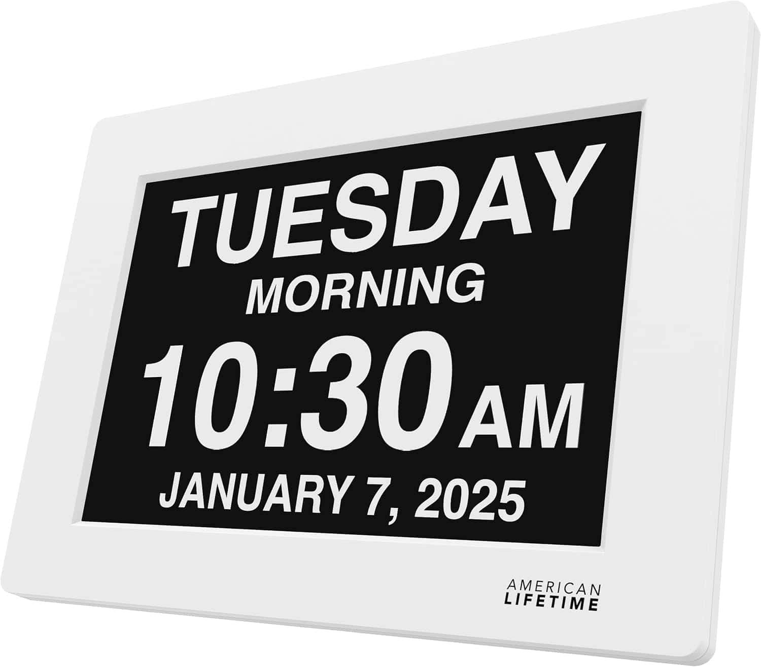 A digital clock display shows Tuesday morning, 10:30 AM, January 7, 2025, with "American Lifetime" branding on a white frame.