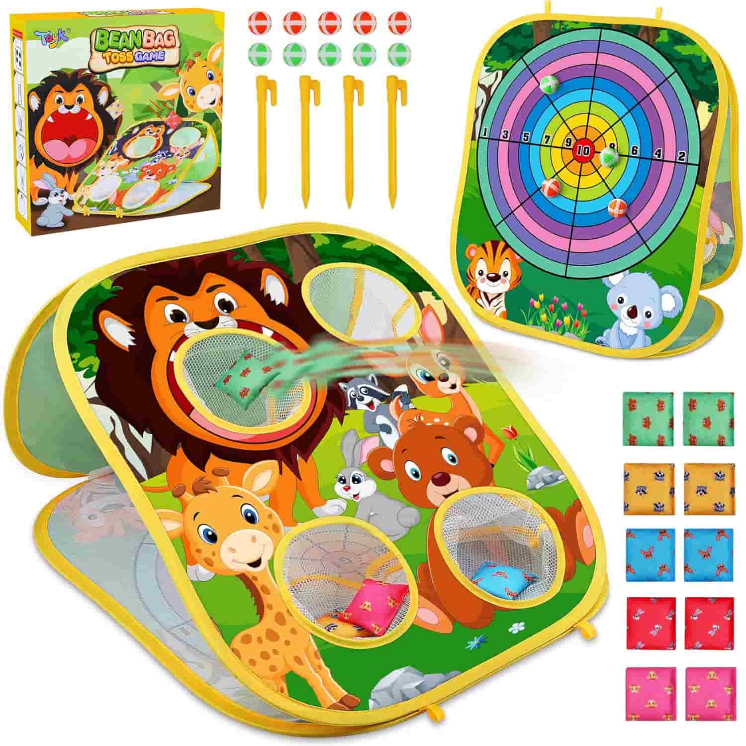 Children's bean bag toss game set with animal-themed targets, bean bags, and ground stakes, shown with packaging and all components displayed.