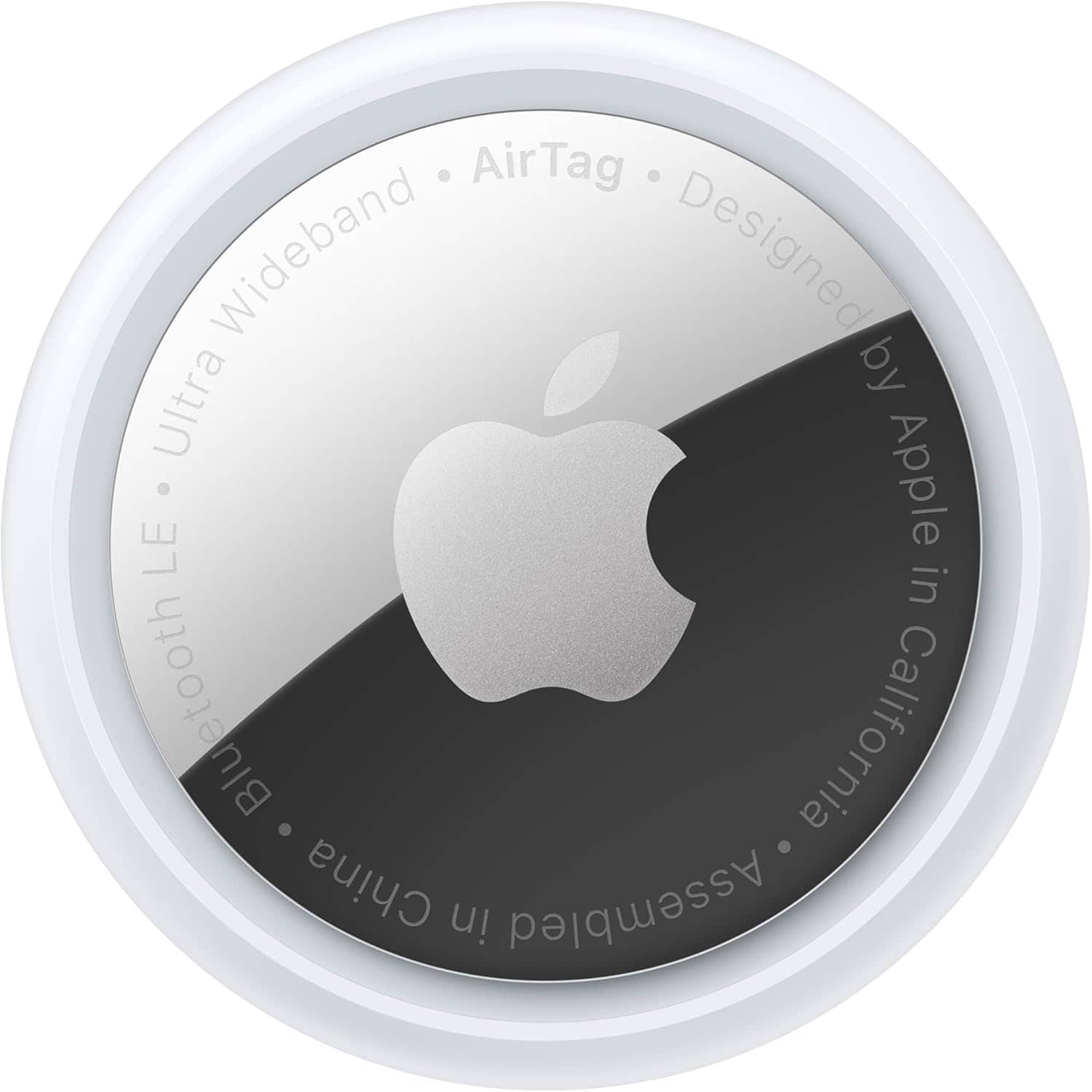 Apple AirTag device with a silver and white circular design, featuring the Apple logo and text indicating it is designed by Apple in California and assembled in China.
