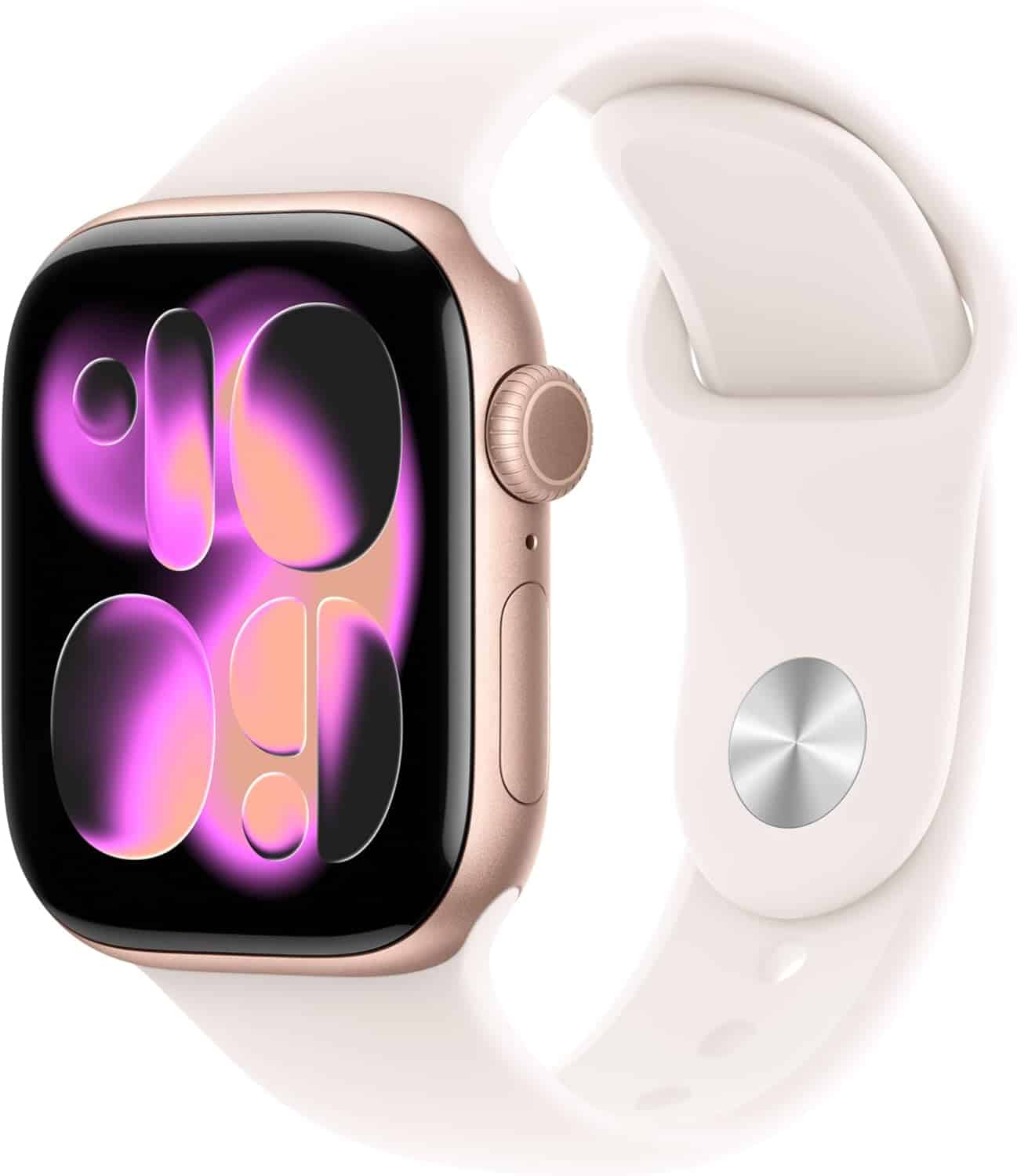 A gold smart watch with a white band displays a colorful abstract design on its screen.