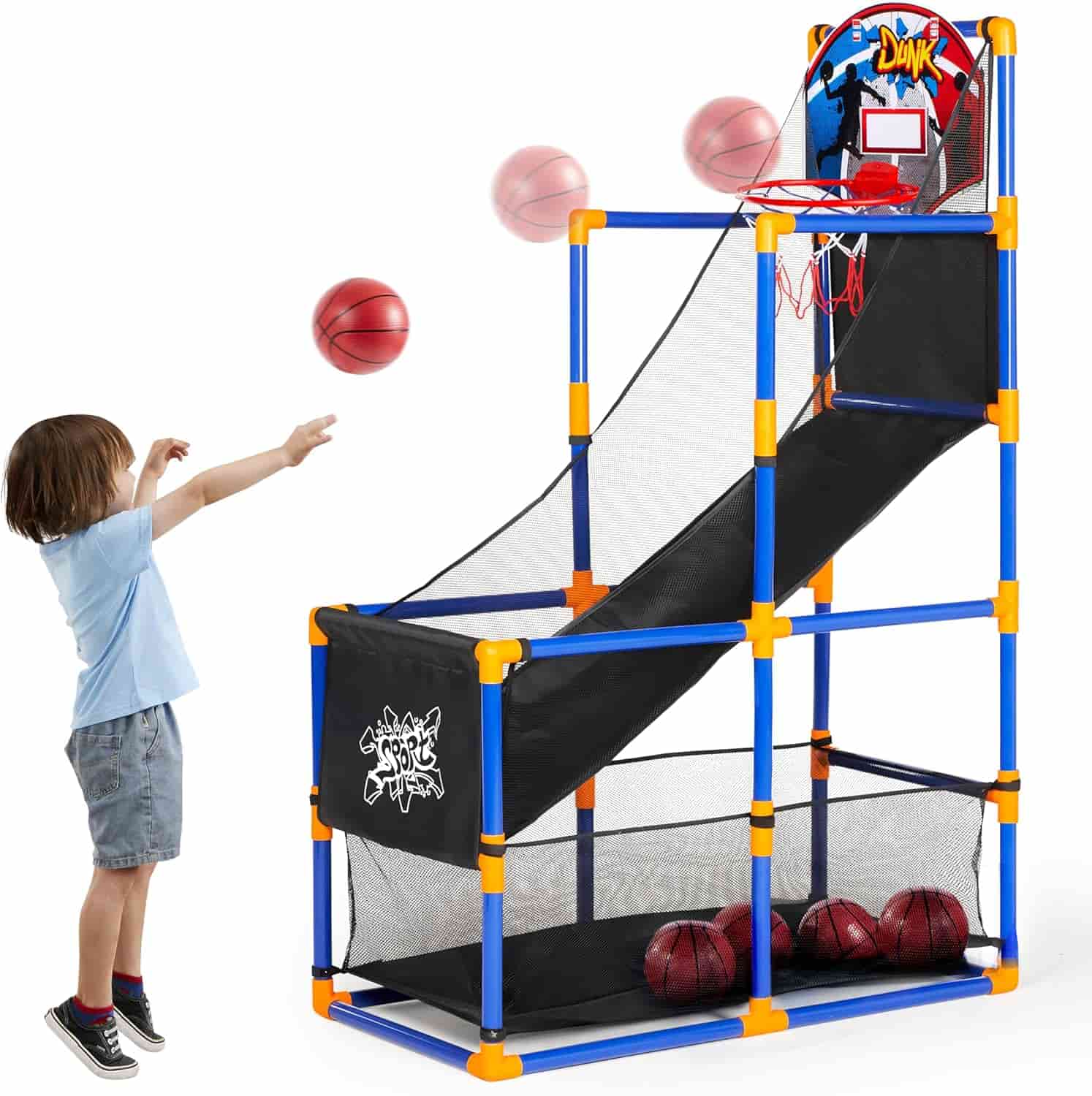 A child shoots a basketball towards a hoop on an indoor basketball arcade game with several basketballs on the return ramp.