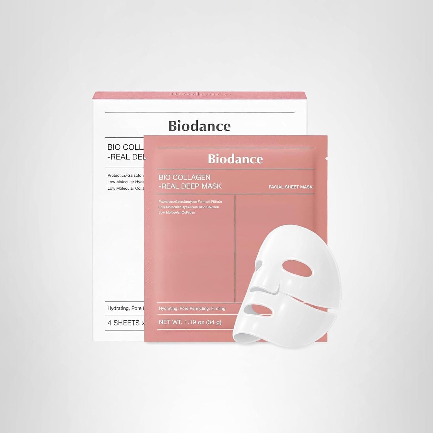 A Biodance Bio Collagen Real Deep Mask packet, its box, and an unfolded white facial sheet mask are displayed against a plain light background.