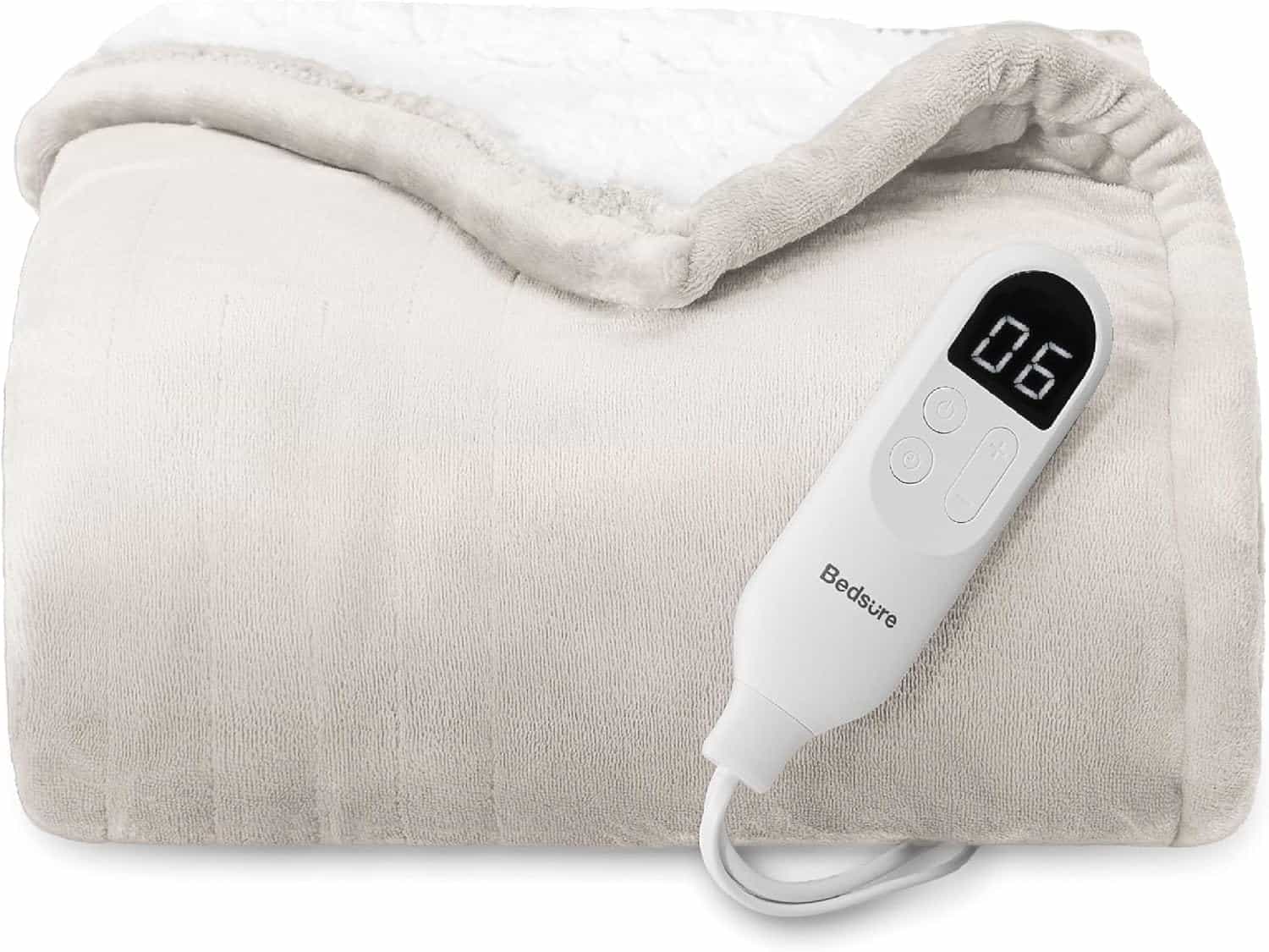 A beige electric blanket with a soft fleece lining is shown folded, featuring a digital controller displaying the number 06.