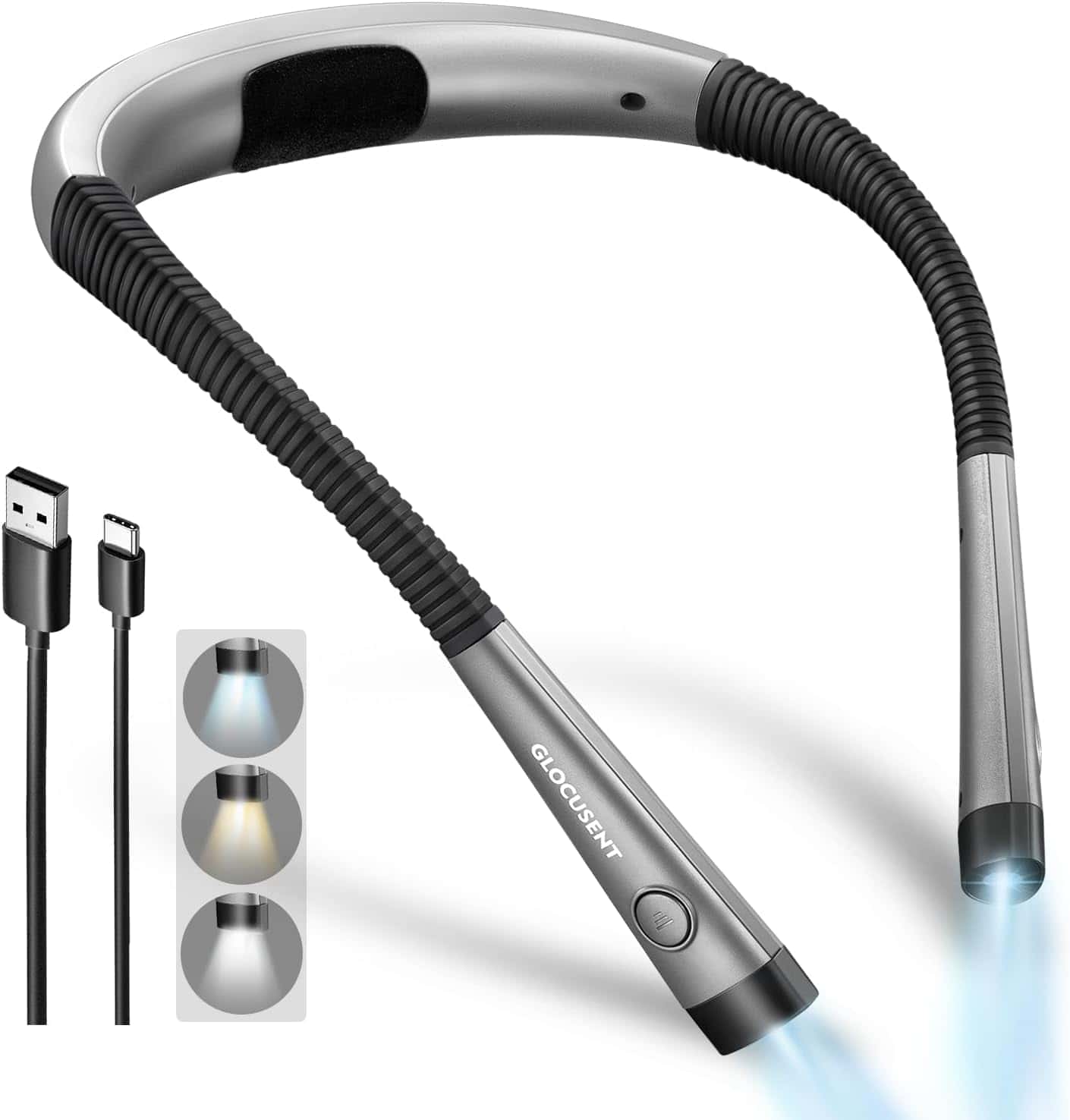 A flexible neck reading light with built-in LED bulbs, three color modes, a power button, and a USB charging cable shown beside it.