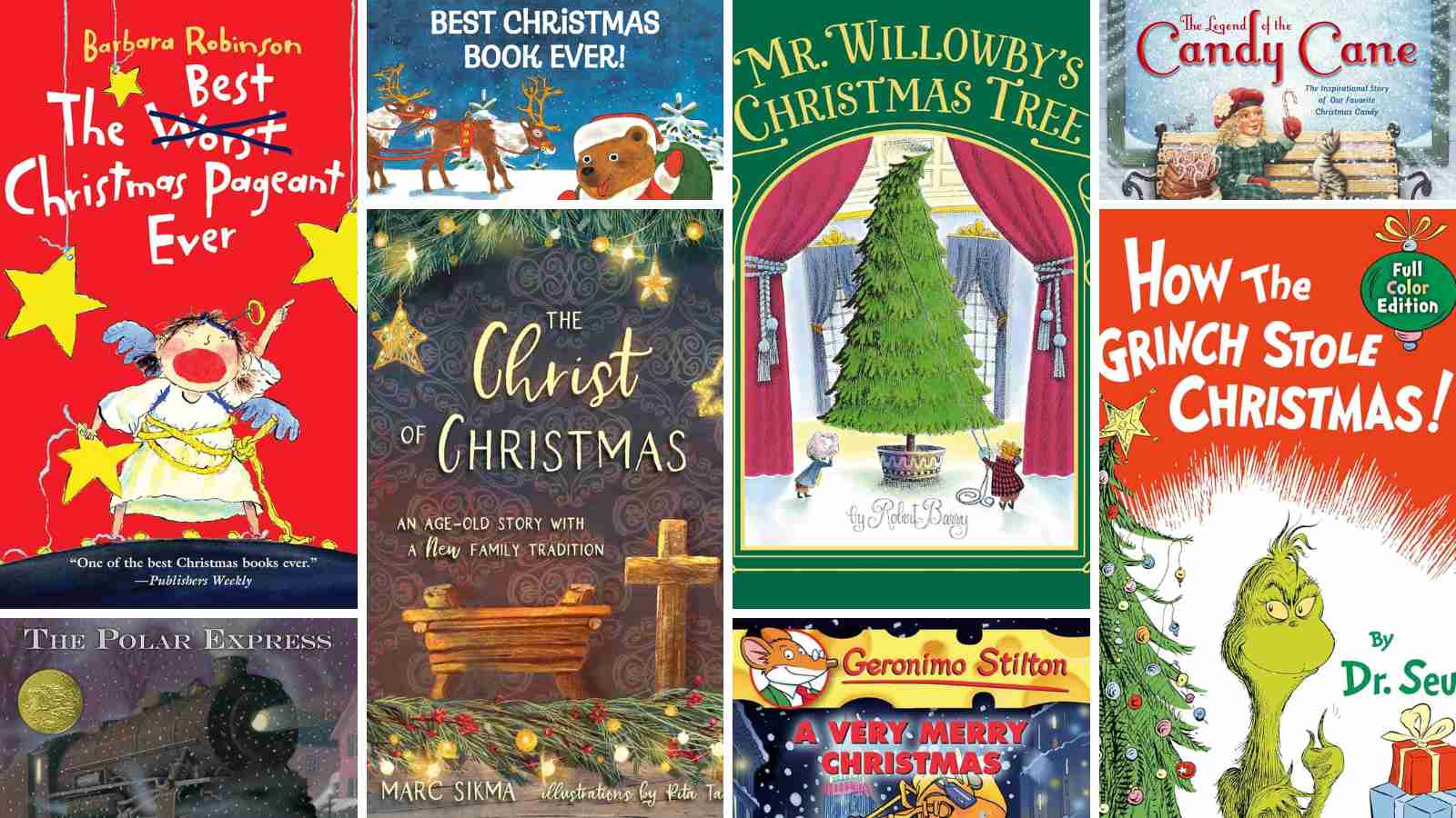 A collage of eight illustrated Christmas books for kids covers, featuring festive themes, holiday decorations, and charming winter scenes.
