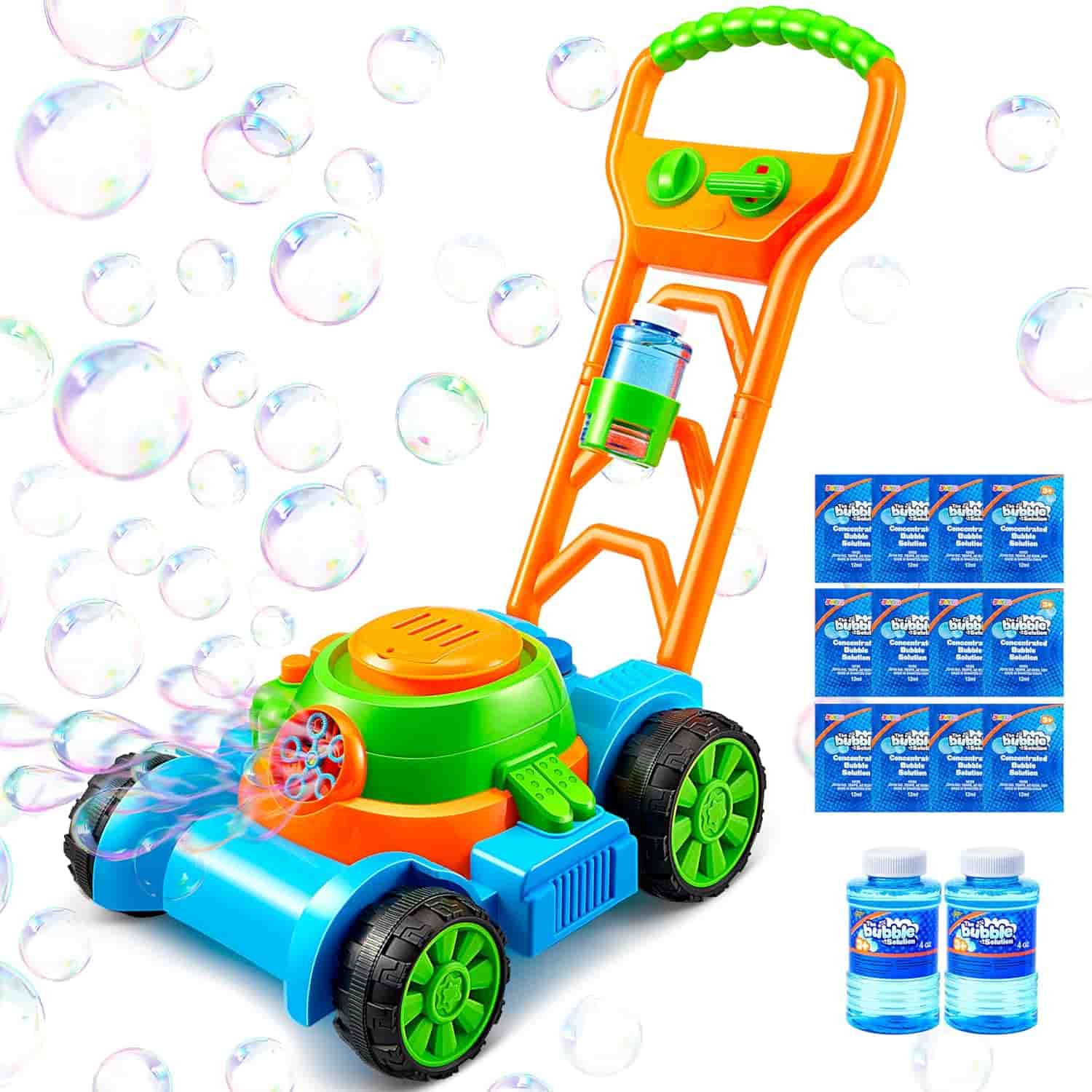 Colorful toy lawn mower with bubble solution bottles, bubble refill packs, and bubbles coming out of the mower. The mower is blue, green, and orange with green wheels and handle.