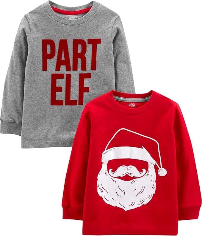 Two long-sleeve kids’ shirts: one gray with “PART ELF” in red letters, and one red with a white Santa Claus face and hat graphic.