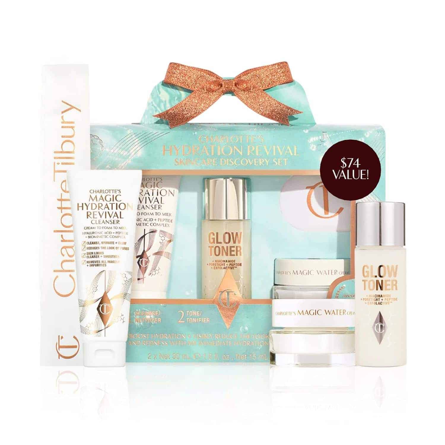 Charlotte Tilbury Hydration Revival Skincare Discovery Set includes cleanser, mask, toner, moisturizer, and mist. Packaging notes $74 value and features a decorative ribbon.