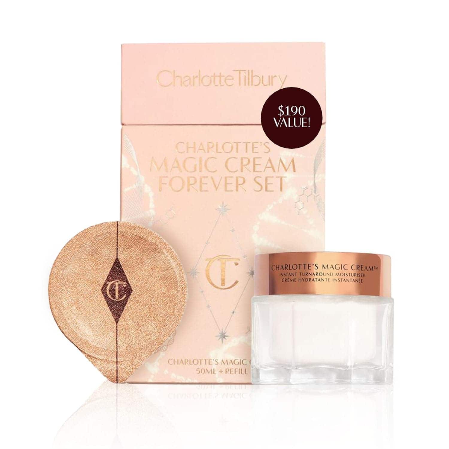 Charlotte Tilbury Magic Cream Forever Set shown with a box, a round makeup pad, and a jar of cream; box highlights a $190 value.