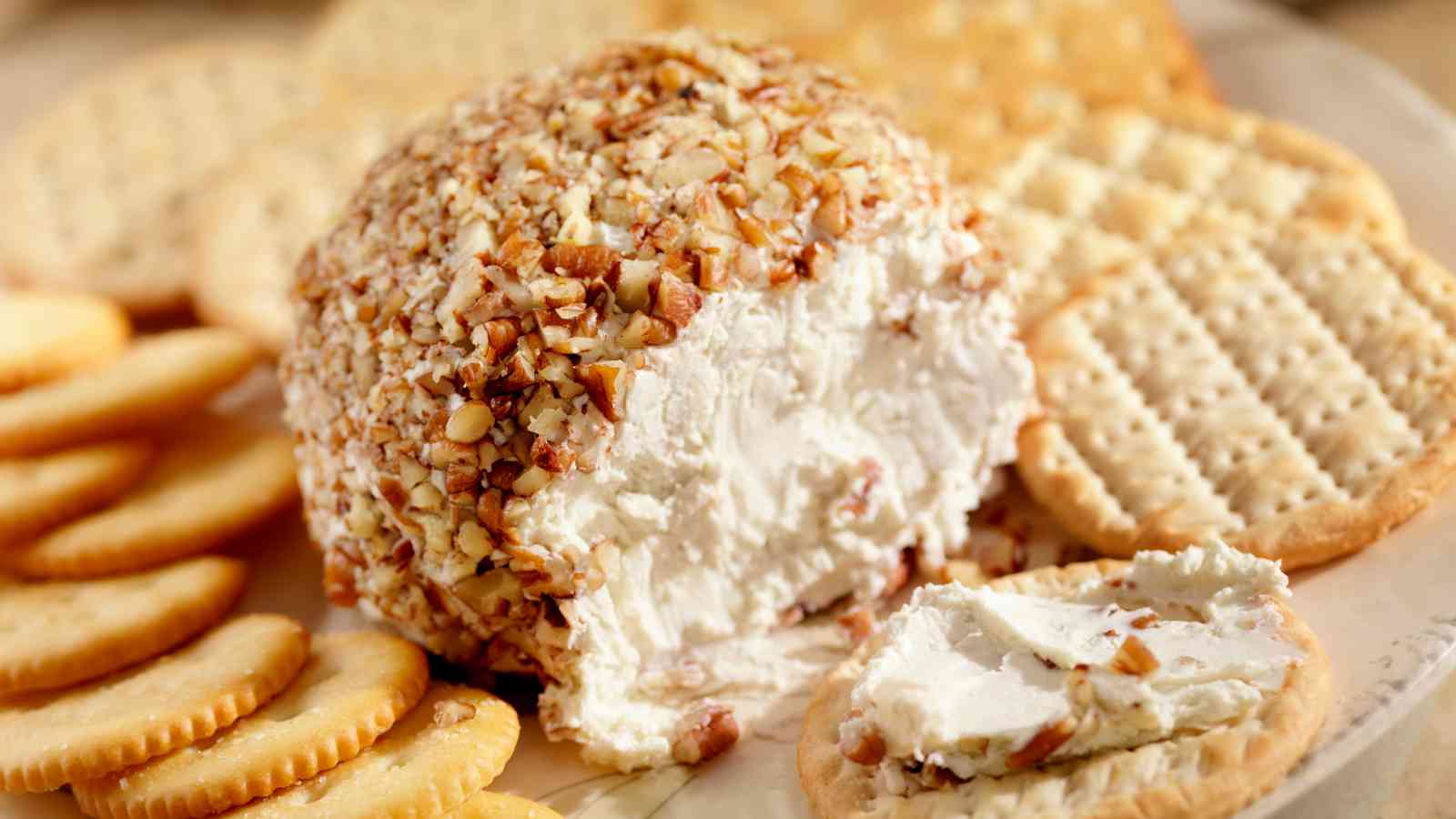 A cheese ball coated with chopped nuts is surrounded by round and square crackers, with one cracker spread with cheese in the foreground.