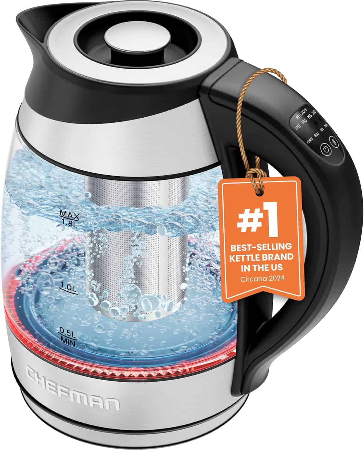 Electric glass kettle with stainless steel accents, boiling water inside, digital controls on handle, and an orange tag reading "#1 Best-Selling Kettle Brand in the US, Circana 2024.