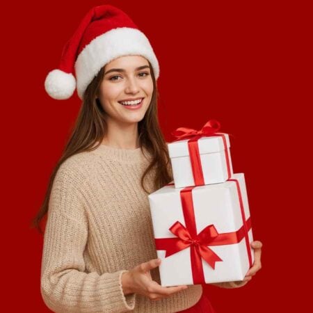 A woman in a Santa hat and beige sweater holds two white gift boxes with red ribbons, standing against a solid red background.