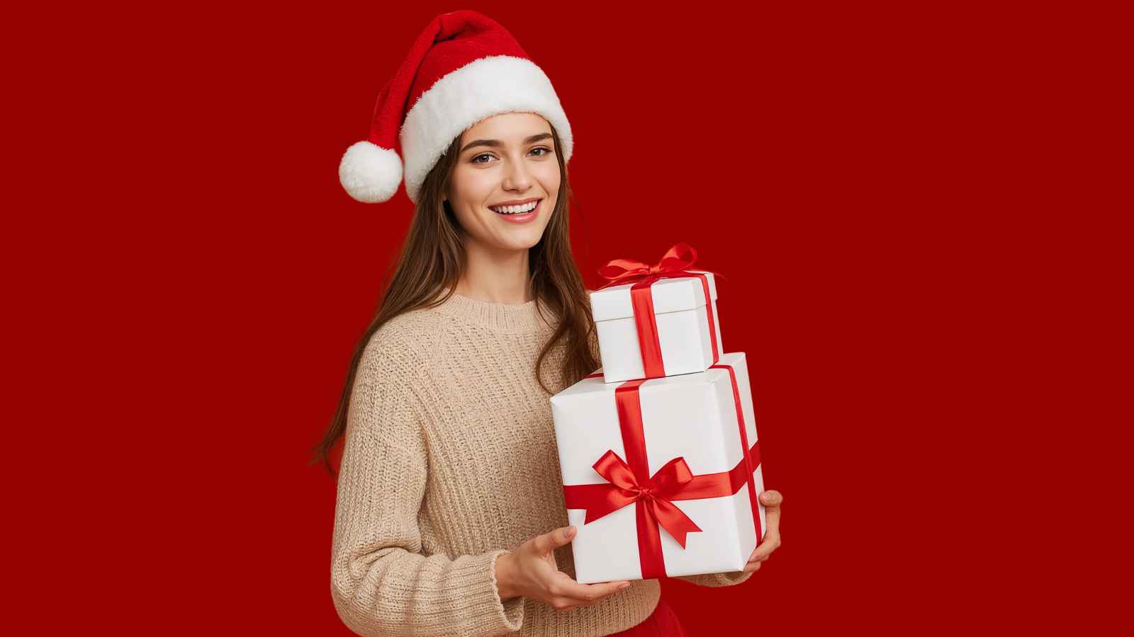 A woman in a Santa hat and beige sweater holds two white gift boxes with red ribbons, standing against a solid red background.