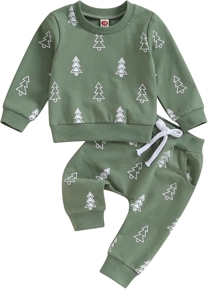 Green toddler sweatshirt and pants set with white tree pattern, featuring ribbed cuffs and waistband, and a white drawstring on the pants.