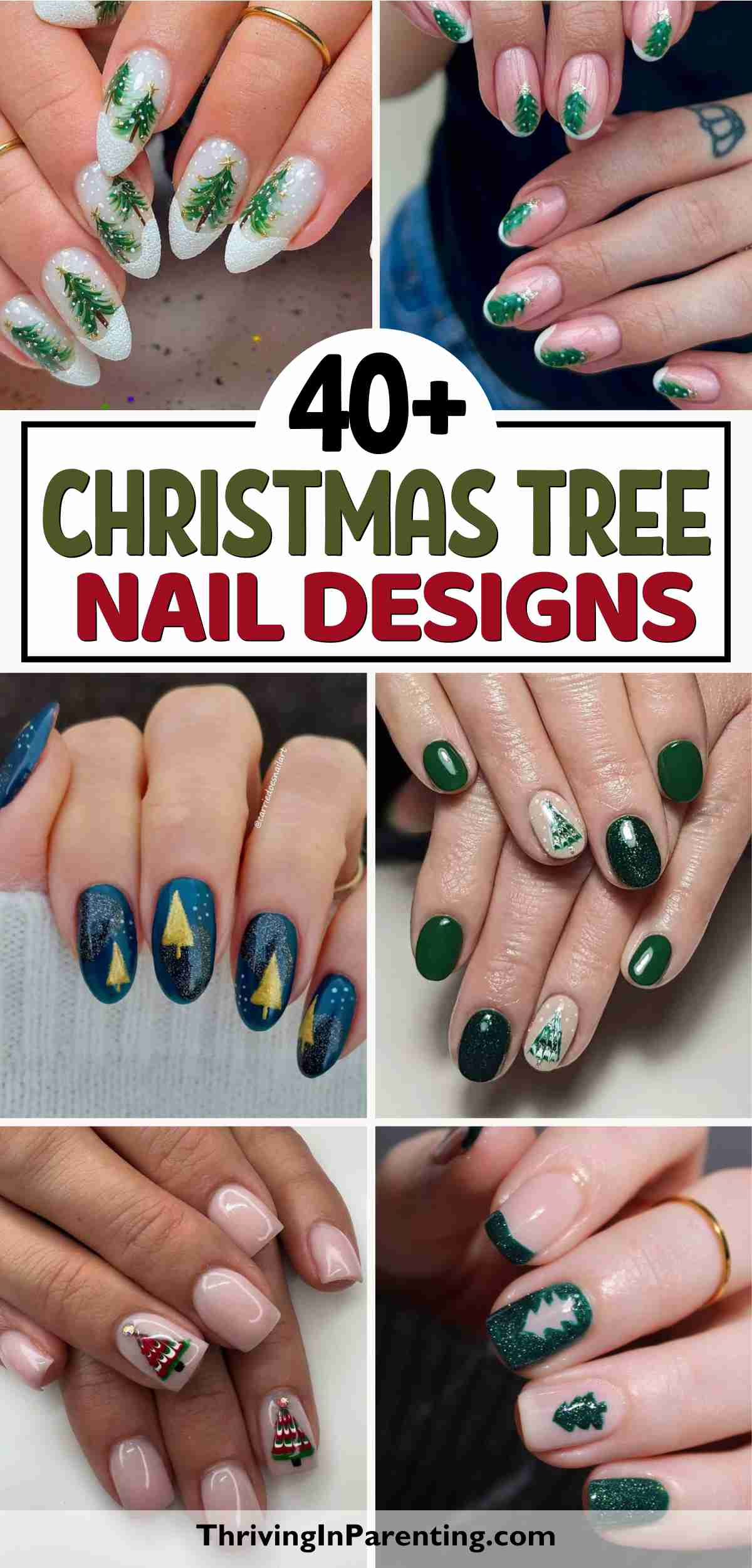 Collage of hands with manicured nails featuring various Christmas tree nail designs in different colors and styles. Text reads: "40+ stunning Christmas tree nail designs.